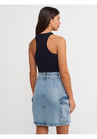 Dilvin 80548 Yanları Cepli Midi Denim Etek-Mavi