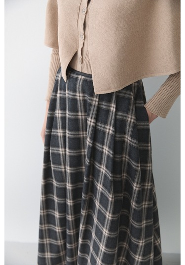 Antrasit Bej Deri Şeritli Ekoseli Etek - 4977 Antrasit - Bej