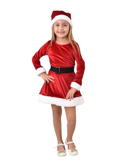 Yeni Sezon Yılbaşı Elbise Kukuleta Kemer 3 Parçalı Takım Noel Elbise Kırmızı Kadife Kırmızı