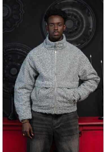 Oversize Crop Model Yan Cepli Astarlı Kırçıllı Mont Gri