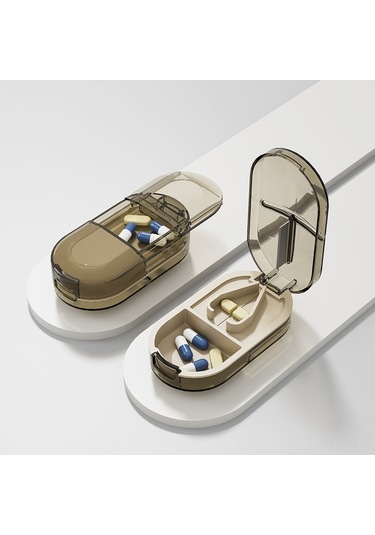 Mufunye 2-in-1 İlaç Kesici Ve Saklama Kutusu - Çelik Bıçaklı, Dayanıklı Plastik, Şeffaf Kahverengi, Sırt Çantasında Taşınabilir, İlaç Organizerı