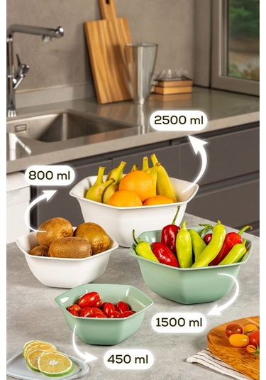 Vienev 4lü Altıgen Kase Seti Beyaz-yeşil