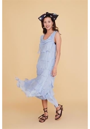 Italyan 2 Beden İnce Gösteren Kat Kat Kolsuz Ipek Elbise-8769 Açık Mavi