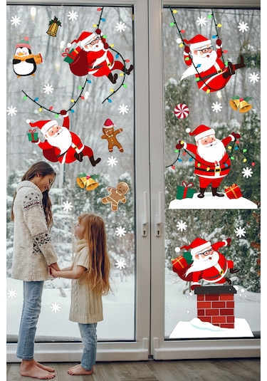 Yılbaşı Sticker  Sevimli Noel Baba ve Kar Taneleri Pencere Duvar Süsü