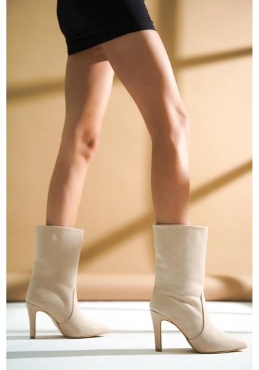 Seem Bej Süet Topuklu Günlük Kullanım Kısa Çizme Bej Süet