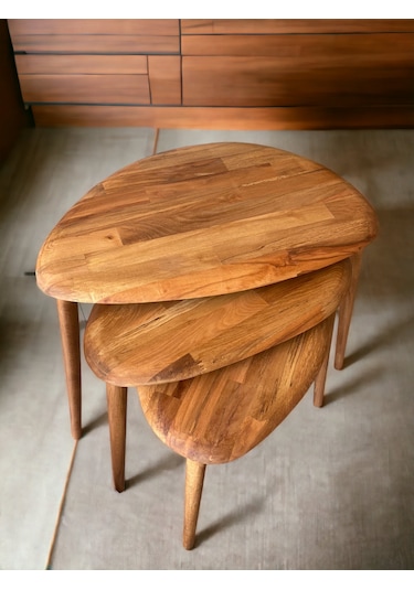 Fawdecor Masif Doğal Ahşap Modern Kestane 3'lü Zigon Sehpa Seti