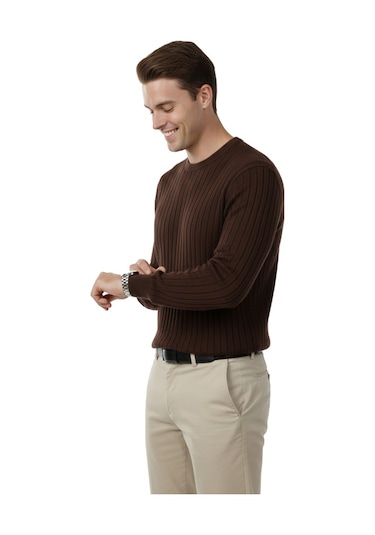 Deepsea Erkek Kahve Rahat Kalıp Çizgi Dokulu Triko Kazak Şık & Modern Tasarım 2605432 Kahve