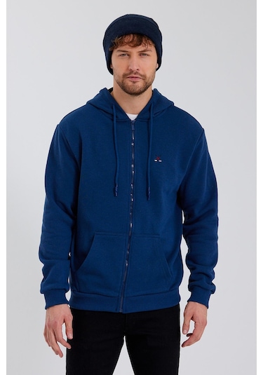 Polostate Erkek Fermuarlı Kanguru Cep 3 İplik Sweatshirt İndigo