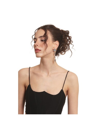 Kadın Antik Gümüş Kaplama Çivili Model Üçgen Parça Bağlantılı Tasarım Küpe Gümüş