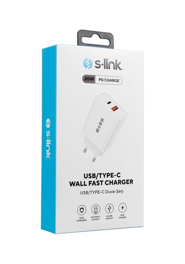 S-link Sl-ec60 20w Pd3.0-quick Charge Qc3.0 Type Usb-c +usb A Hızlı Beyaz Ev Şarj Adaptör