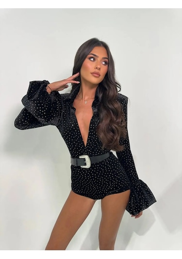 Kessia Taşlı Kemerli Tulum Siyah