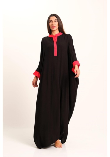 Kadın Siyah Sırtı Otantik Nakışlı Yarasa Kol Oversize Uzun Elbise - Sıyah Siyah
