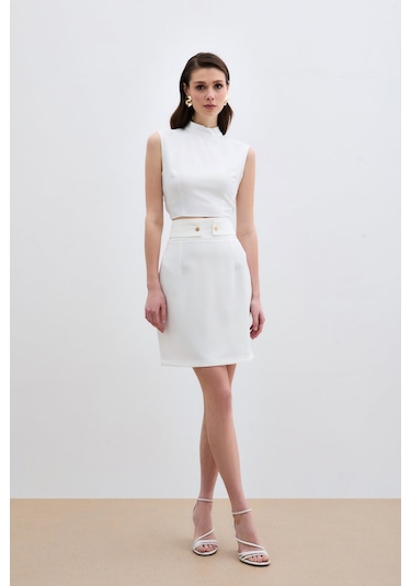 Sateen Çıt Aksesuarlı Mini Etek - Ekru-134900 Ekru