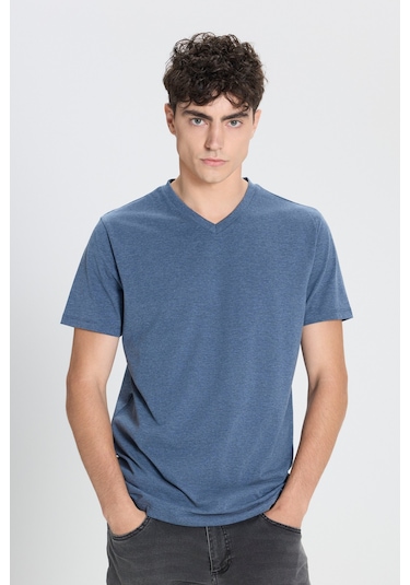 Ac&Co / Altınyıldız Classics Slim Fit Dar Kesim V Yaka Pamuklu Erkek Tişört ıIndıgo Melanj İndigo