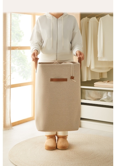 Ocean Home Textile Ağzı Büzgülü Bej Renk Çamaşır Sepeti 36 x 36 x 57 cm