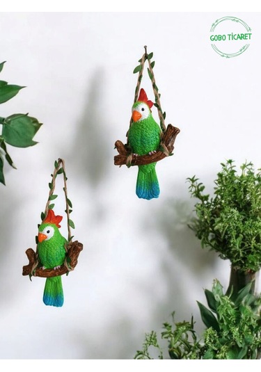 2 Adet Dekoratif Sallanan Duvar Ve Bahçe Süs Kuş Biblo Yeşil-sarı