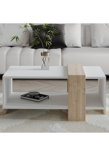 Meleni Orta Sehpa 90 Cm Modern Tasarım Raflı Beyaz/safir Meşe