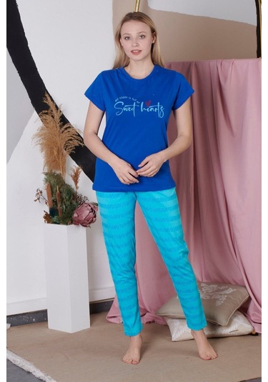 Kadın Kısa Kollu Yazı Baskılı Saks Pijama Takımı K-20144 Saks