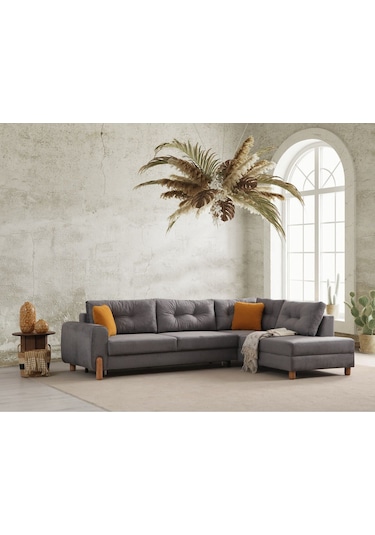 Rivaldu Köşe Takımı & Mekanizmalı Köşe Koltuk - Antrasit Keten Kumaş