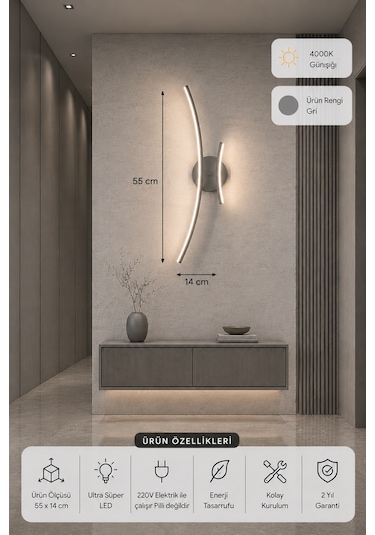 Yumi Modern Led Duvar Apliği Günışığı Gri