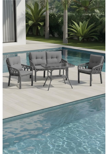 Lumisgarden Neva Rattan Bahçe Takımı 2+1+1 +masa Gri