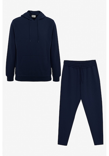 AC&Co / Altınyıldız Classics Erkek Lacivert Pamuklu Standart Fit Normal Kesim Kapüşonlu Kanguru Cepli Eşofman Takımı Lacı Lacivert