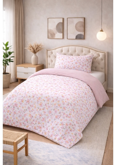 Soft Dream Desenli Pamuklu Tek Kişilik Nevresim Takımı Pembe