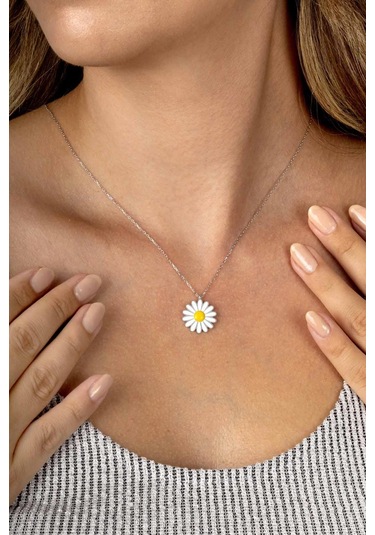 Gümüş Pazarım Beyaz Altın Kaplama 925 Ayar Gümüş Papatya Kadın Kolye Altın - Gümüş