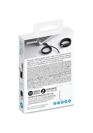 Momax DC35D Mag Link USB-C To USB- C 100 W USB2.0 Manyetik Kablo 1 M Siyah
