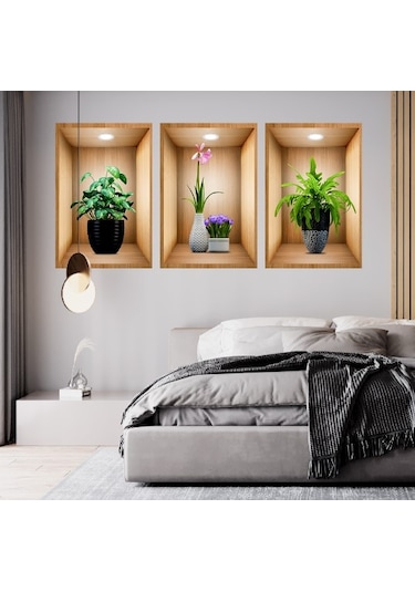 3d Çiçek Vazo Duvar Sticker 3 Lü Set Kahverengi Fon 5060 Çok Renkli