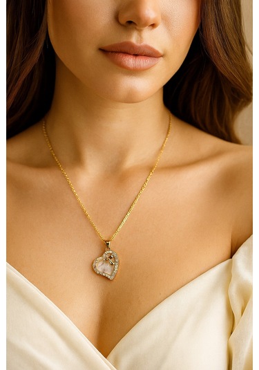 Altın Renk Beyaz Sedef Kalp Sf Zincir Çelik Kolye - 3648 Çok Renkli