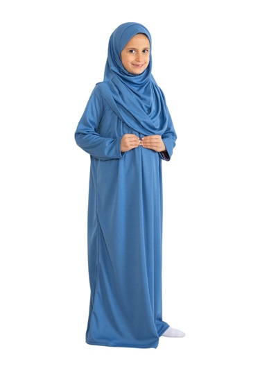 İki Parça Çocuk Elbisesi Seti Eşarp İle Takım İndigo