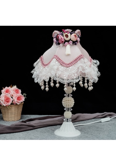 Kokoş Model Kadife Kaplı Çiçek Dekorlu Pudra Pembe Abajur