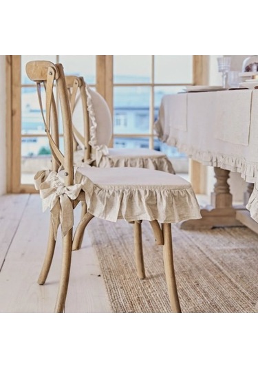 İskandinav Stil Naturel Buldan Keten Fırfırlı Bağcıklı Sandalye M