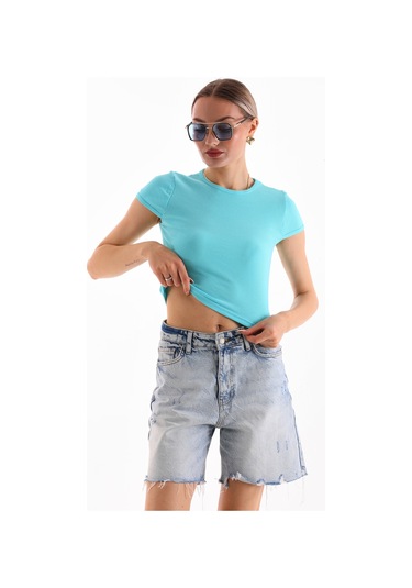 Kadın Likralı Kısa Kol Crop Bluz Turkuaz