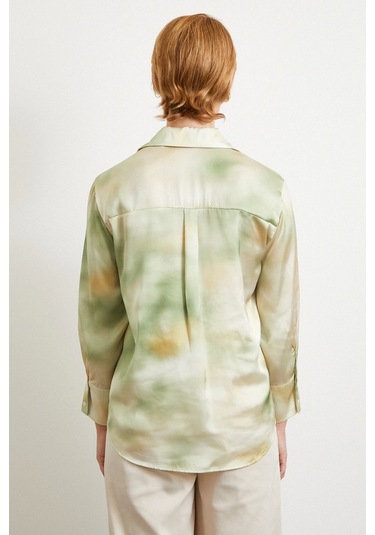 Ebruli Desen Saten Gömlek Yeşil Yeşil
