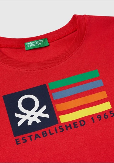 Erkek Çocuk Sarı Benetton Logo Baskılı T-shirt Kırmızı