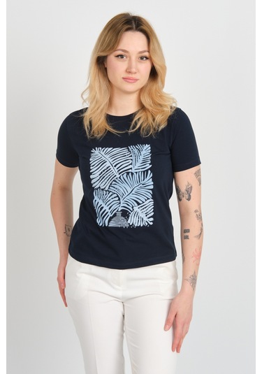 Sistas Kadın Baskı Desenli Kısa Kollu Pamuklu Bluz 24099 Lacivert Lacivert