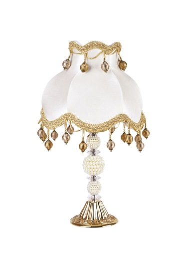 Çiçek Dekorlu Abajur Gold Beyaz Klasik Ponponlu Model Beyaz