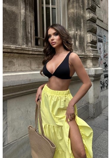 Audrey Fıfrlı Yırtmaç Detay Etek 4037 Sarı