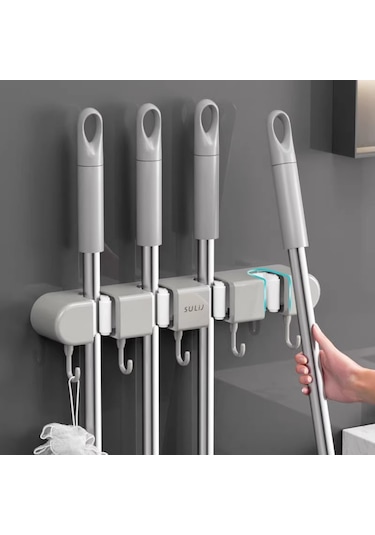 Yunboo Duvarlı Mop Ve Süpürge Tutucu - Deliksiz Kurulum, 4 Klem 5 Kanca, Su Geçirmez, 5kg Yük Taşıma, Banyo/ Balkon Uygun - Klasik Gri Gri
