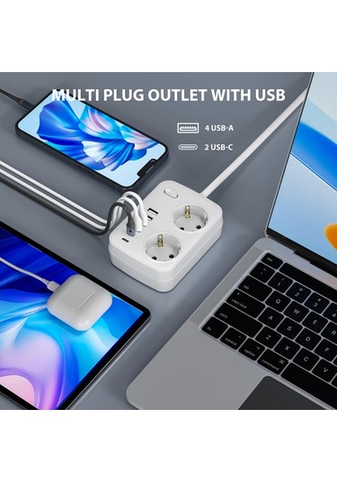 Motion003 8i 1 Arada Kompakt Kup Guc Seridi Beyaz 10 Ft Asiri Gerilim Korumasi 2 Ac Priz 4 Usb Port 2 Type C Port Ab Fis