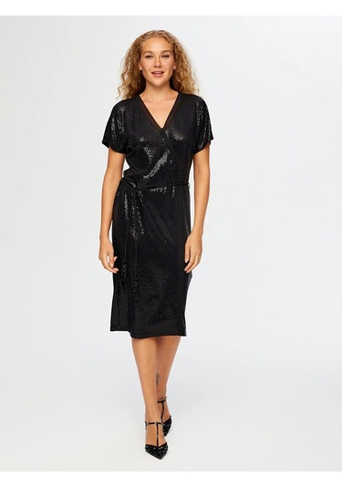 Faik Sönmez Şifon Garnili Kısa Kol V Yaka Payet Kadın Abiye Elbise Uw26aby014 Siyah