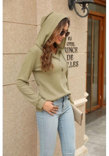 Novahub İlkbahar/sonbahar Kadın Kapşonlu Sweatshirt - Waffle Kravat - Uzun Kollu - Mavi Boy: S, M, L, Xl, Xxl Mavi