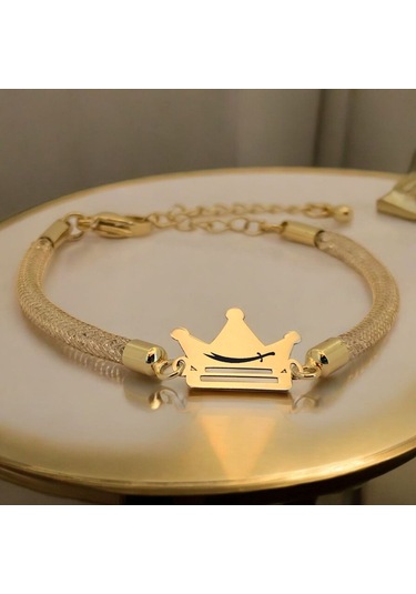 Archin Zülfikar Temalı 14 Ayar Altın Plakalı Hasır Kordonlu Taç Figürlü Hediye Bileklik-464sembol Zülfikar