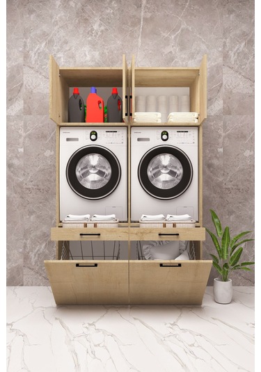 Mdf Çamaşır Makinesi Ve Kurutma Makinesi Dolabı Çift Sepetli Ahşap Lefkas Meşe