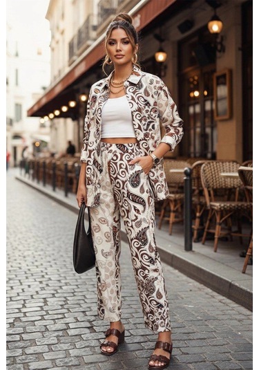 Etnik Desen Baskılı Keten Takım Kahverengi