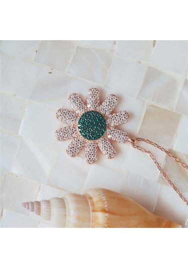 Yeşil ve Beyaz Zirkon Taşlı Papatya Kadın 925 Ayar Gümüş Kolye-1855