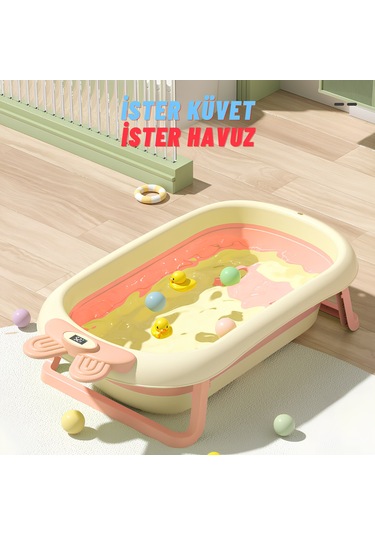 Katlanabilir Termometreli Bebek Küveti Filesi Bebek Havuzu Pembe