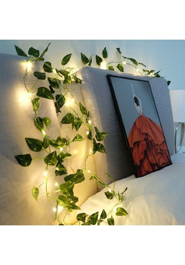 2m 20 Led Yeşil Yaprak Dize Işıklar Pil Kumandalı Perde Led Işıklar Noel Yeşil